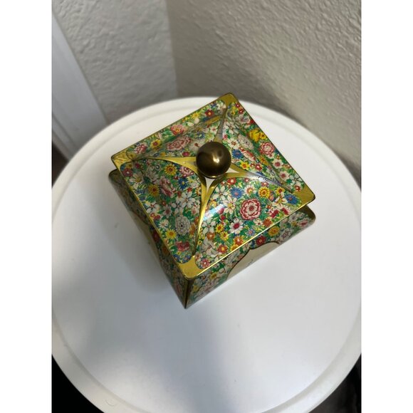 Vintage Holland Floral Tin Tea Caddy With Lid & Gold Accents - Picture 4 of 7